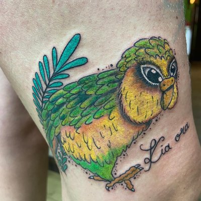 Diesen megalustigen,sexmuffeligen und vom aussterben bedrohten papagai durfte ich der wunderbaren tätowieren,danke💚💚💚