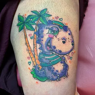Tattoo-Entwurf von Tschiggy mit einem Dinosaurier im Bubblegum-Art-Stil