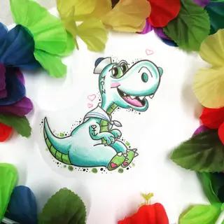 Tattoo-Entwurf von Tschiggy mit einem Dinosaurier im Bubblegum-Art-Stil