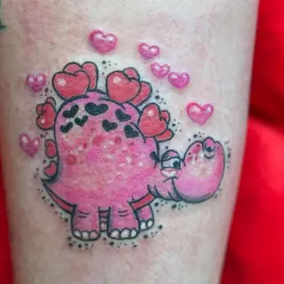 Tattoo-Entwurf von Tschiggy mit einem Dinosaurier im Bubblegum-Art-Stil