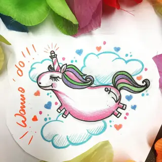 Tattoo-Entwurf von Tschiggy mit einem Einhorn im Bubblegum-Art-Stil
