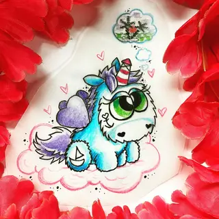 Tattoo-Entwurf von Tschiggy mit einem Einhorn im Bubblegum-Art-Stil
