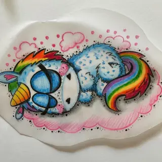 Tattoo-Entwurf von Tschiggy mit einem Einhorn im Bubblegum-Art-Stil