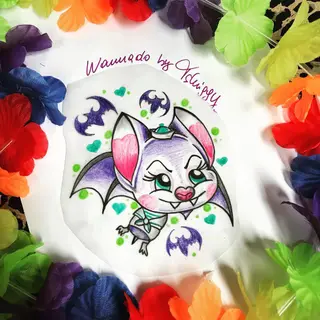 Tattoo-Entwurf von Tschiggy mit einer Fledermaus im Bubblegum-Art-Stil