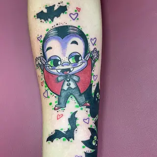 Tattoo-Entwurf von Tschiggy mit einer Fledermaus im Bubblegum-Art-Stil