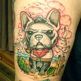 Tattoo von Tschiggy mit einer französischen Bulldogge im Bubblegum-Art-Stil
