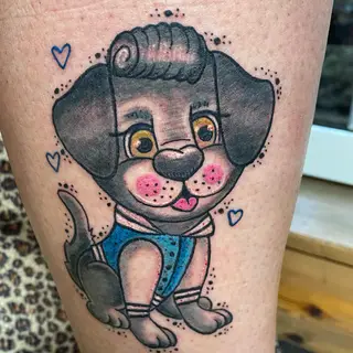 Tattoo-Entwurf von Tschiggy mit einem Hund im Bubblegum-Art-Stil