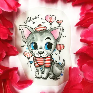 Tattoo-Entwurf von Tschiggy mit einem Hund im Bubblegum-Art-Stil