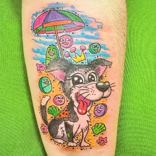 Tattoo-Entwurf von Tschiggy mit einem Hund im Bubblegum-Art-Stil