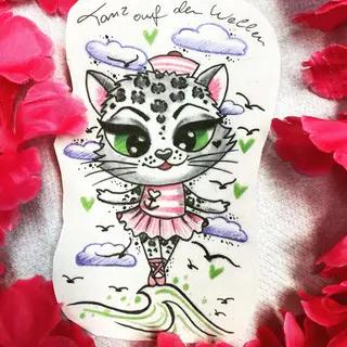 Tattoo-Entwurf von Tschiggy mit einer Katze im Bubblegum-Art-Stil