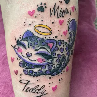 Tattoo-Entwurf von Tschiggy mit einer Katze im Bubblegum-Art-Stil