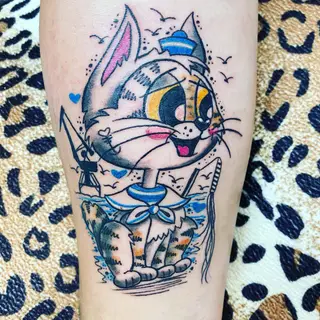Tattoo-Entwurf von Tschiggy mit einer Katze im Bubblegum-Art-Stil