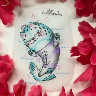 Tattoo-Entwurf von Tschiggy mit einer Katze im Bubblegum-Art-Stil