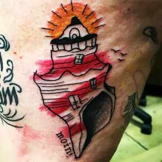 Tattoo von Tschiggy mit einem Leuchtturm im Bubblegum-Art-Stil