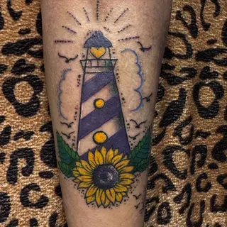 Tattoo-Entwurf von Tschiggy mit einem Leuchtturm im Bubblegum-Art-Stil