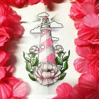 Tattoo-Entwurf von Tschiggy mit einem Leuchtturm im Bubblegum-Art-Stil
