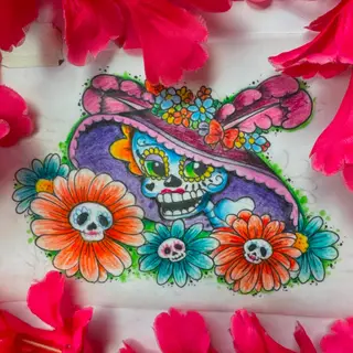 Tattoo-Entwurf von Tschiggy mit einem mexikanischen Zuckerschädel und La Catrina im Bubblegum-Art-Stil