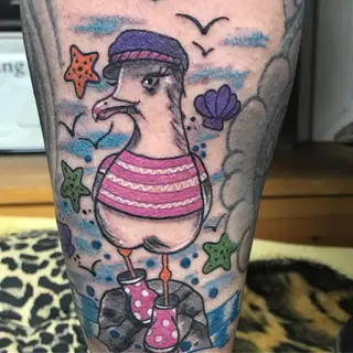 Tattoo von Tschiggy mit einer Möwe im Bubblegum-Art-Stil