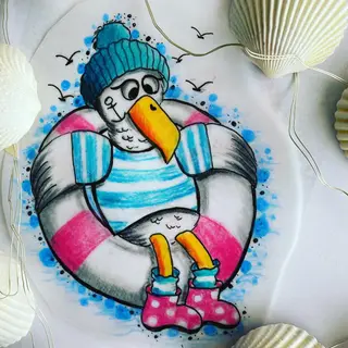 Tattoo-Entwurf von Tschiggy mit einer Möwe im Bubblegum-Art-Stil